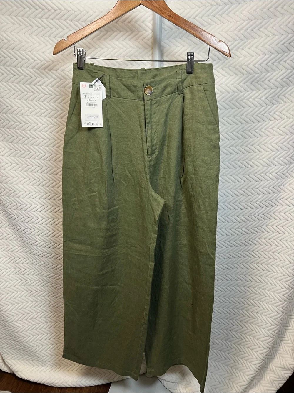 Zara NWT 100% Linen Olive Green Wide Leg High Rise Pants Small